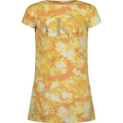 Calvin Klein Girls' Short Sleeve T-Shirt Dress, Pullover Style with Crew-Neck Neckline, Logo Detailing, Desert Flower Dye, 12-14
