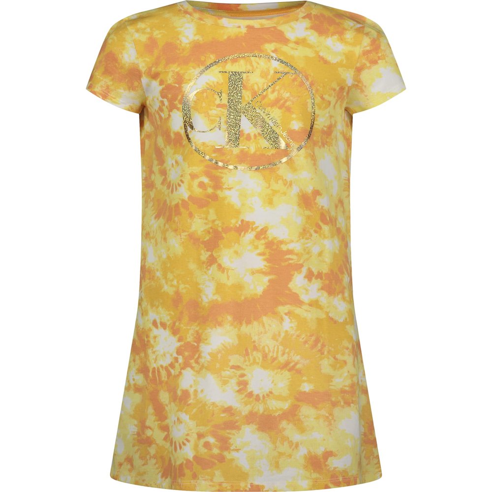 Calvin Klein Girls' Short Sleeve T-Shirt Dress, Pullover Style with Crew-Neck Neckline, Logo Detailing, Desert Flower Dye, 12-14