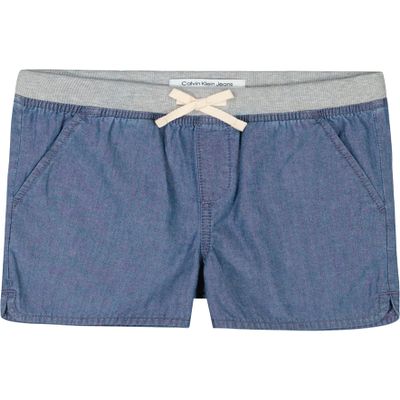 Calvin Klein Girls' Pull-On Jean Shorts, Lightweight Denim, Ribbed Waistband & Functional Pockets, Medium Chambray, 12-14