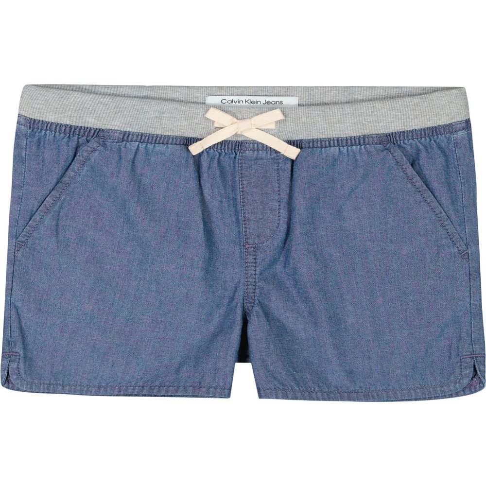 Calvin Klein Girls' Pull-On Jean Shorts, Lightweight Denim, Ribbed Waistband & Functional Pockets, Medium Chambray, 12-14
