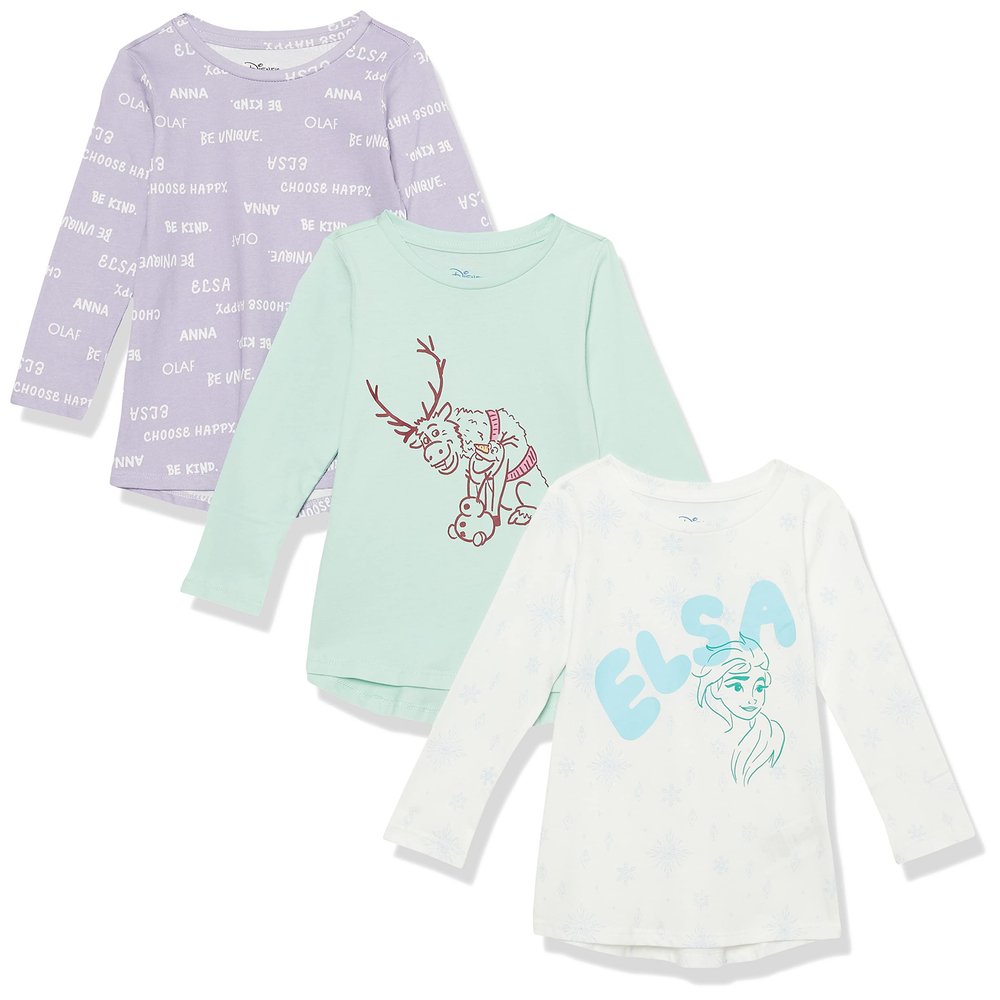Amazon Essentials Disney | Marvel | Star Wars | Frozen | Princess Girls' Long-Sleeve Tunic T-Shirts, Pack of 3, Frozen Friends, X-Large