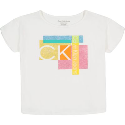 Calvin Klein Girls' Short Sleeve Logo T-Shirt, Comfortable Fit Cotton Tee with Tagless Interior, White Block, 8-10
