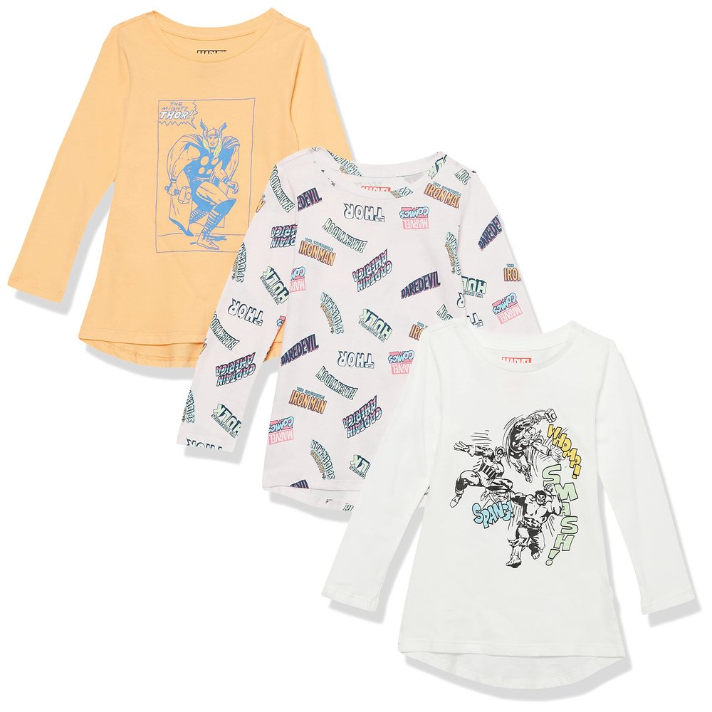 Amazon Essentials Disney | Marvel | Star Wars | Frozen | Princess Toddler Girls' Long-Sleeve Tunic T-Shirts, Pack of 3, Marvel Thor, 3T