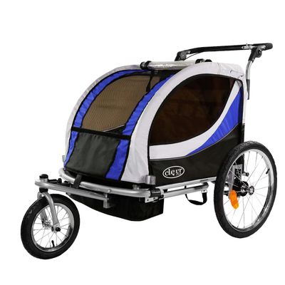 ClevrPlus Deluxe 3-in-1 Double 2 Seat Bicycle Bike Trailer Jogger Stroller for Kids Children | Foldable w/Pivot Front Wheel, Blue