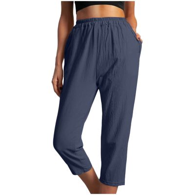 tuduoms French Terry Capris Women's Summer Cotton Linen Wide Leg Loose Comfy Lounge Workout Capri Yoga Pants with Pockets Navy