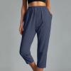 tuduoms French Terry Capris Women's Summer Cotton Linen Wide Leg Loose Comfy Lounge Workout Capri Yoga Pants with Pockets Navy view 2
