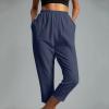 tuduoms French Terry Capris Women's Summer Cotton Linen Wide Leg Loose Comfy Lounge Workout Capri Yoga Pants with Pockets Navy view 3