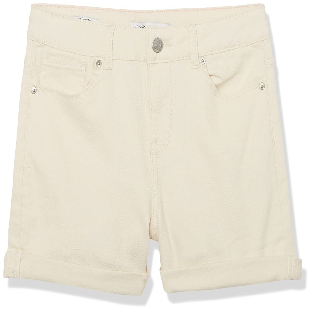Calvin Klein Girls' Jean Shorts, Stretch Denim, Boyfriend Fit, Mid to High Rise, Seed Pearl/Cuff, 12