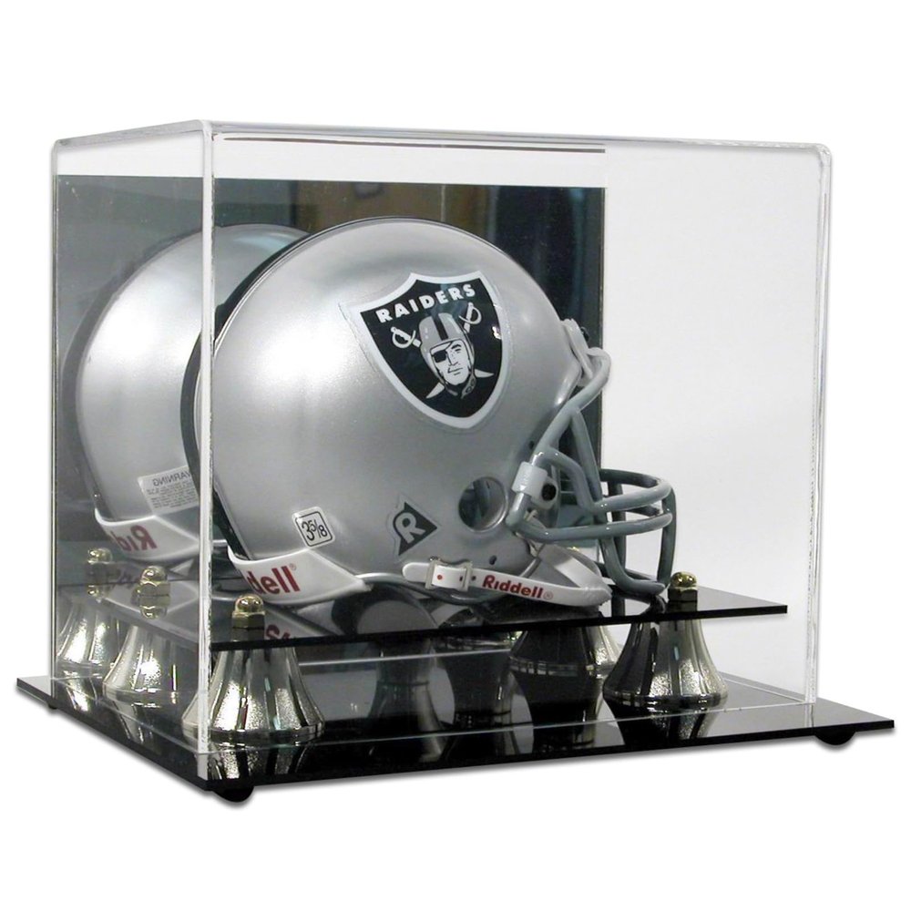 Collection Supplies Deluxe Acrylic Mini Helmet Display Holder | Mini Football Helmet Display Case with Mirrored Back & Gold Risers to Protect The Helmet | Clear UV Protection | No Assembly Required
