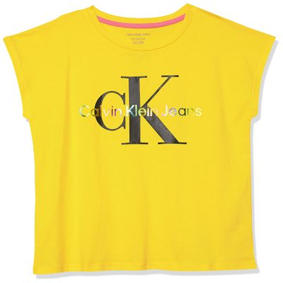 Calvin Klein Girls' Short Sleeve Logo T-Shirt, Comfortable Fit Cotton Tee with Tagless Interior, Yellow Rainbow, 8-10