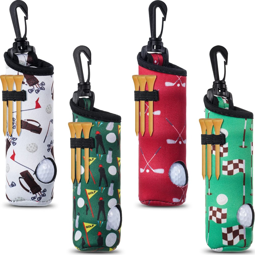 Chivao 4 Pieces Golf Tee Holder Golf Ball Carry Bag Pouch Ball Holder Keychain Belt Clip Gifts Accessories(Vivid Color,Golf)