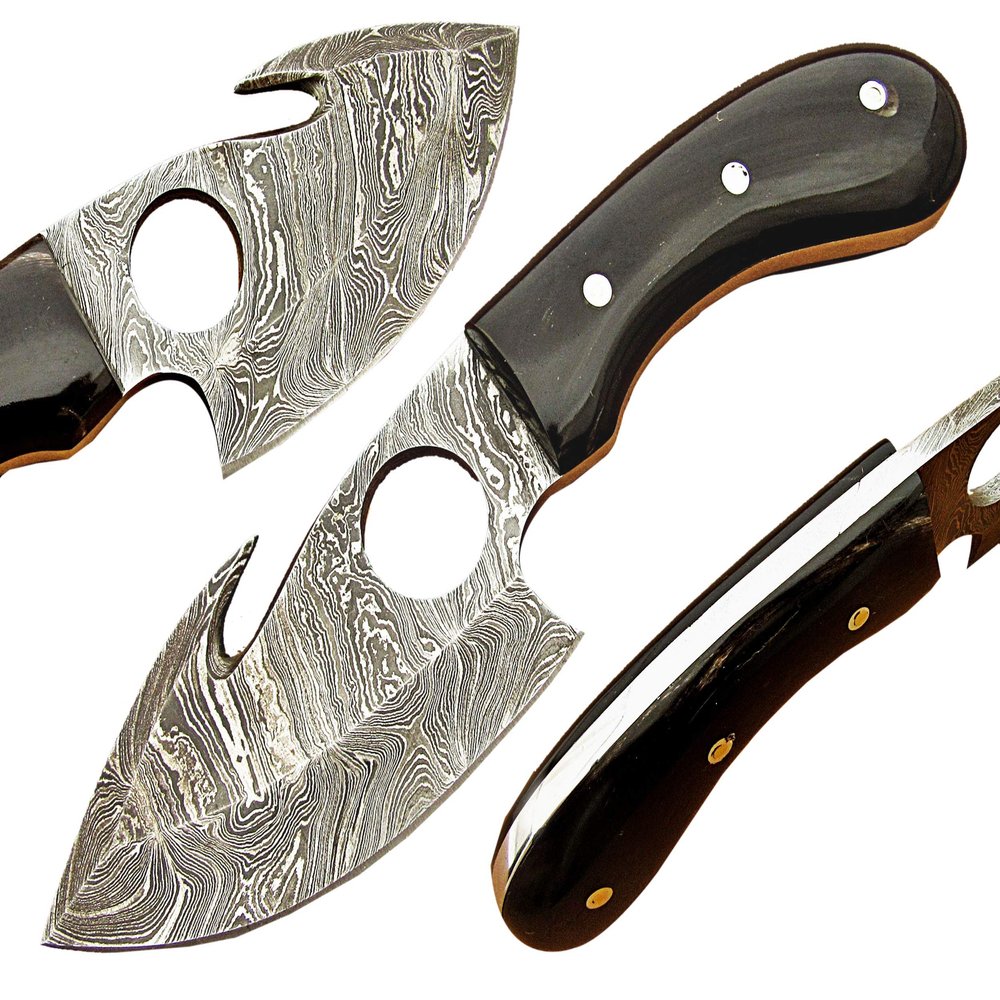 Custom handmade Damascus steel Gut Hook Skinning Knife