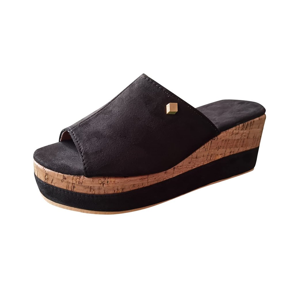 oiangi Wedge Platform Sandals for Women Summer Fish Mouth Open Toe Slip-on Flip Flops Heeled Sandals Solid Comfortable Casual Outdoor Shoes Slippers Black