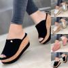 oiangi Wedge Platform Sandals for Women Summer Fish Mouth Open Toe Slip-on Flip Flops Heeled Sandals Solid Comfortable Casual Outdoor Shoes Slippers Black view 4