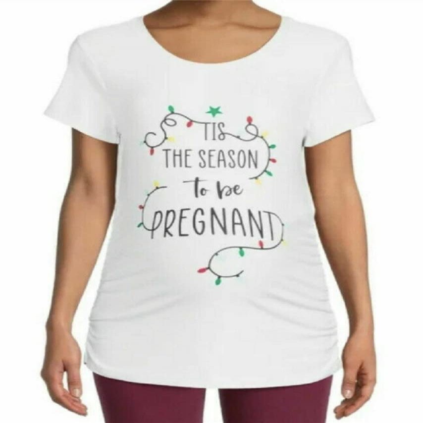 Time and Tru Maternity Tis The Season to Be Pregnant Christmas Holiday Tee Top (Large 12-14) White