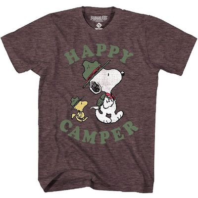 Snoopy Woodstock Happy Camper Vintage T-Shirt (XX-Large) Brown