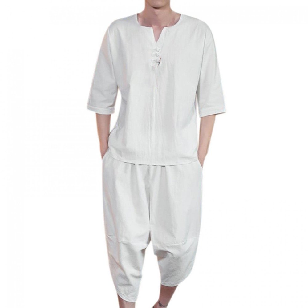 Mens 2 Piece Linen Outfits Summer Stylish 3/4 Sleeves V Neck T Shirts and Capri Harem Pants Lounge Set Comfy Loungewear White
