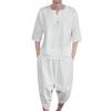 Mens 2 Piece Linen Outfits Summer Stylish 3/4 Sleeves V Neck T Shirts and Capri Harem Pants Lounge Set Comfy Loungewear White view 1