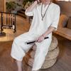 Mens 2 Piece Linen Outfits Summer Stylish 3/4 Sleeves V Neck T Shirts and Capri Harem Pants Lounge Set Comfy Loungewear White view 2