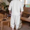 Mens 2 Piece Linen Outfits Summer Stylish 3/4 Sleeves V Neck T Shirts and Capri Harem Pants Lounge Set Comfy Loungewear White view 3