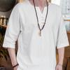 Mens 2 Piece Linen Outfits Summer Stylish 3/4 Sleeves V Neck T Shirts and Capri Harem Pants Lounge Set Comfy Loungewear White view 4