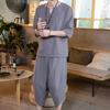 Mens 2 Piece Linen Outfits Summer Stylish 3/4 Sleeves V Neck T Shirts and Capri Harem Pants Lounge Set Comfy Loungewear Gray view 2