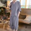Mens 2 Piece Linen Outfits Summer Stylish 3/4 Sleeves V Neck T Shirts and Capri Harem Pants Lounge Set Comfy Loungewear Gray view 3