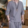 Mens 2 Piece Linen Outfits Summer Stylish 3/4 Sleeves V Neck T Shirts and Capri Harem Pants Lounge Set Comfy Loungewear Gray view 4