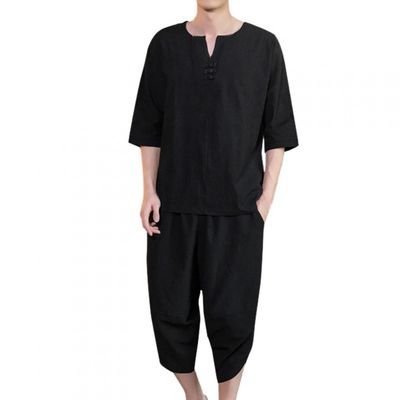 Mens 2 Piece Linen Outfits Summer Stylish 3/4 Sleeves V Neck T Shirts and Capri Harem Pants Lounge Set Comfy Loungewear Black