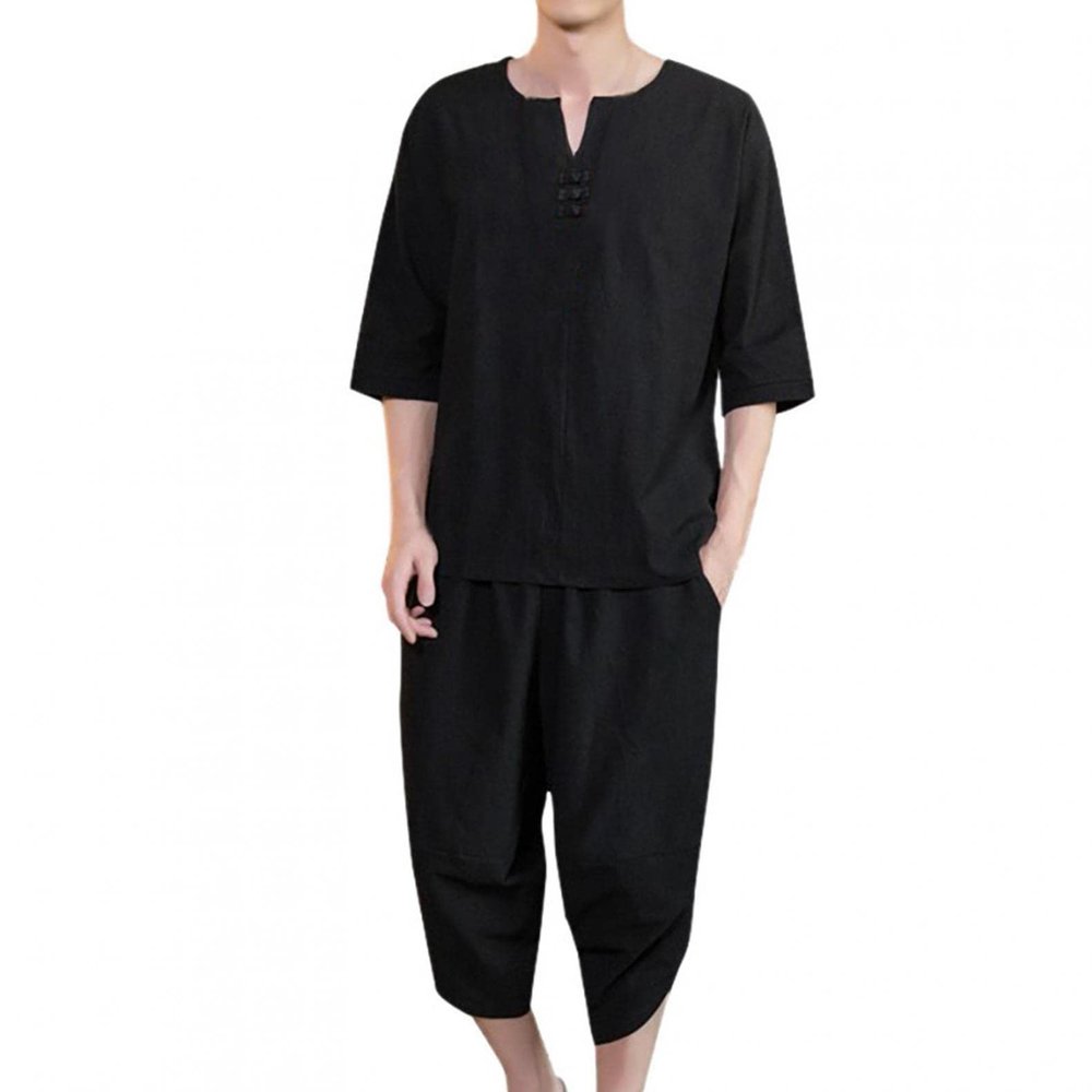 Mens 2 Piece Linen Outfits Summer Stylish 3/4 Sleeves V Neck T Shirts and Capri Harem Pants Lounge Set Comfy Loungewear Black