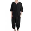 Mens 2 Piece Linen Outfits Summer Stylish 3/4 Sleeves V Neck T Shirts and Capri Harem Pants Lounge Set Comfy Loungewear Black view 1