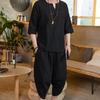 Mens 2 Piece Linen Outfits Summer Stylish 3/4 Sleeves V Neck T Shirts and Capri Harem Pants Lounge Set Comfy Loungewear Black view 2