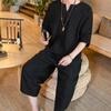 Mens 2 Piece Linen Outfits Summer Stylish 3/4 Sleeves V Neck T Shirts and Capri Harem Pants Lounge Set Comfy Loungewear Black view 3