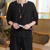 Mens 2 Piece Linen Outfits Summer Stylish 3/4 Sleeves V Neck T Shirts and Capri Harem Pants Lounge Set Comfy Loungewear Black view 4