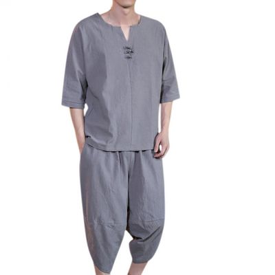 Mens 2 Piece Linen Outfits Summer Stylish 3/4 Sleeves V Neck T Shirts and Capri Harem Pants Lounge Set Comfy Loungewear Gray