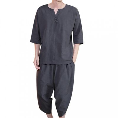 Mens 2 Piece Linen Outfits Summer Stylish 3/4 Sleeves V Neck T Shirts and Capri Harem Pants Lounge Set Comfy Loungewear Dark Gray