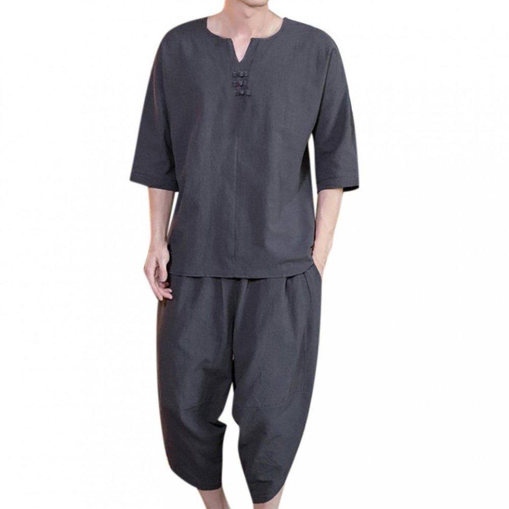 Mens 2 Piece Linen Outfits Summer Stylish 3/4 Sleeves V Neck T Shirts and Capri Harem Pants Lounge Set Comfy Loungewear Dark Gray
