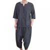 Mens 2 Piece Linen Outfits Summer Stylish 3/4 Sleeves V Neck T Shirts and Capri Harem Pants Lounge Set Comfy Loungewear Dark Gray view 1