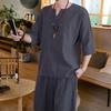 Mens 2 Piece Linen Outfits Summer Stylish 3/4 Sleeves V Neck T Shirts and Capri Harem Pants Lounge Set Comfy Loungewear Dark Gray view 2