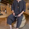 Mens 2 Piece Linen Outfits Summer Stylish 3/4 Sleeves V Neck T Shirts and Capri Harem Pants Lounge Set Comfy Loungewear Dark Gray view 4