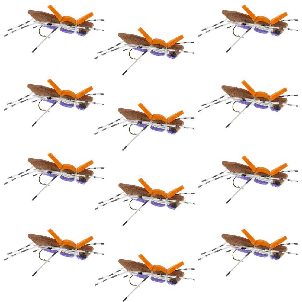The Fly Fishing Place Morrish Hopper Foam Body High Visibility Grasshopper Dry Fly Fishing Fly - 12 Flies - Purple/Tan - Hook Size 10 - Hopper Dropper Indicator Fly