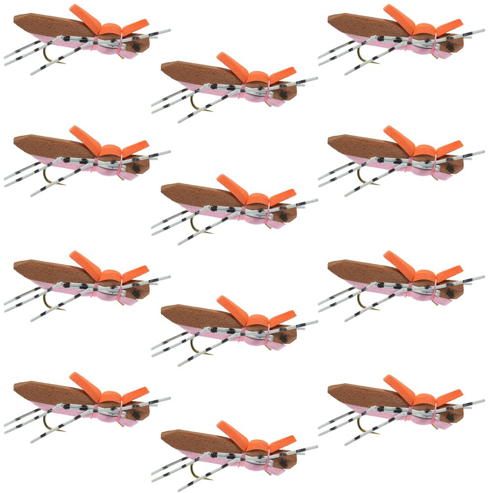 The Fly Fishing Place Morrish Hopper Foam Body High Visibility Grasshopper Dry Fly Fishing Fly - 12 Flies - Pink/Tan - Hook Size 10 - Hopper Dropper Indicator Fly