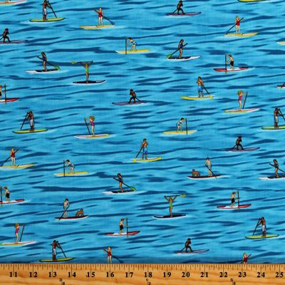 Cotton Paddleboards People Paddleboarding Beach Summer Water Sports Water Wave Blue Cotton Fabric Print by The Yard (D476.61)