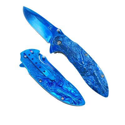 Falcon 8 Inch Dragon Fantasy Folding Pocket Knife 440 Stainless Steel Blade, Full Metal Handle with Belt Clip, EDC Utility Knife (Blue)