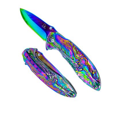 Falcon 8 Inch Dragon Fantasy Folding Pocket Knife 440 Stainless Steel Blade, Full Metal Handle with Belt Clip, EDC Utility Knife (Rainbow)