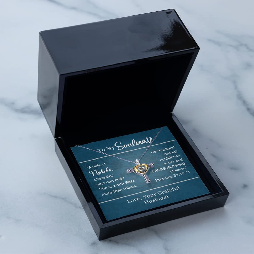 Cross Dancing Necklace Luxury Box - Soulmate Cross Necklace Proverbs 31 Woman Bible Verse for Wife Fiance Anniversary Valentines Day Christian Jewel