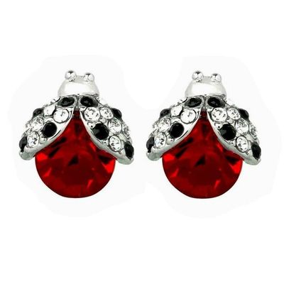 1 Set of Silvertone Crystal Ladybug Earrings Stud Gift Boxed