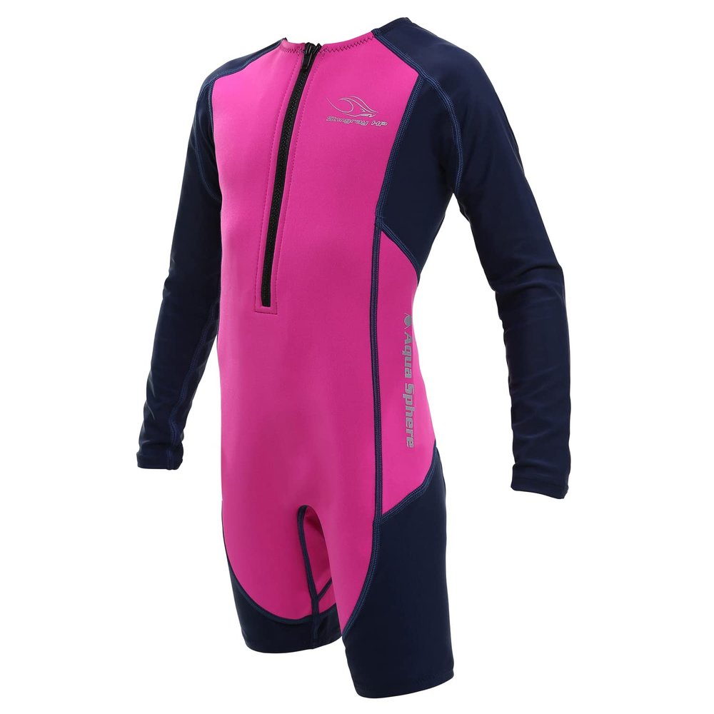 Aqua Sphere Stingray Long Sleeve Kids Wetsuit - Keeps Kids Warm & 100% UV Protection - Freedom of Movement in & Out of Water | Unisex Children, Size 8, Pink/Navy Blue (SJ43402048)