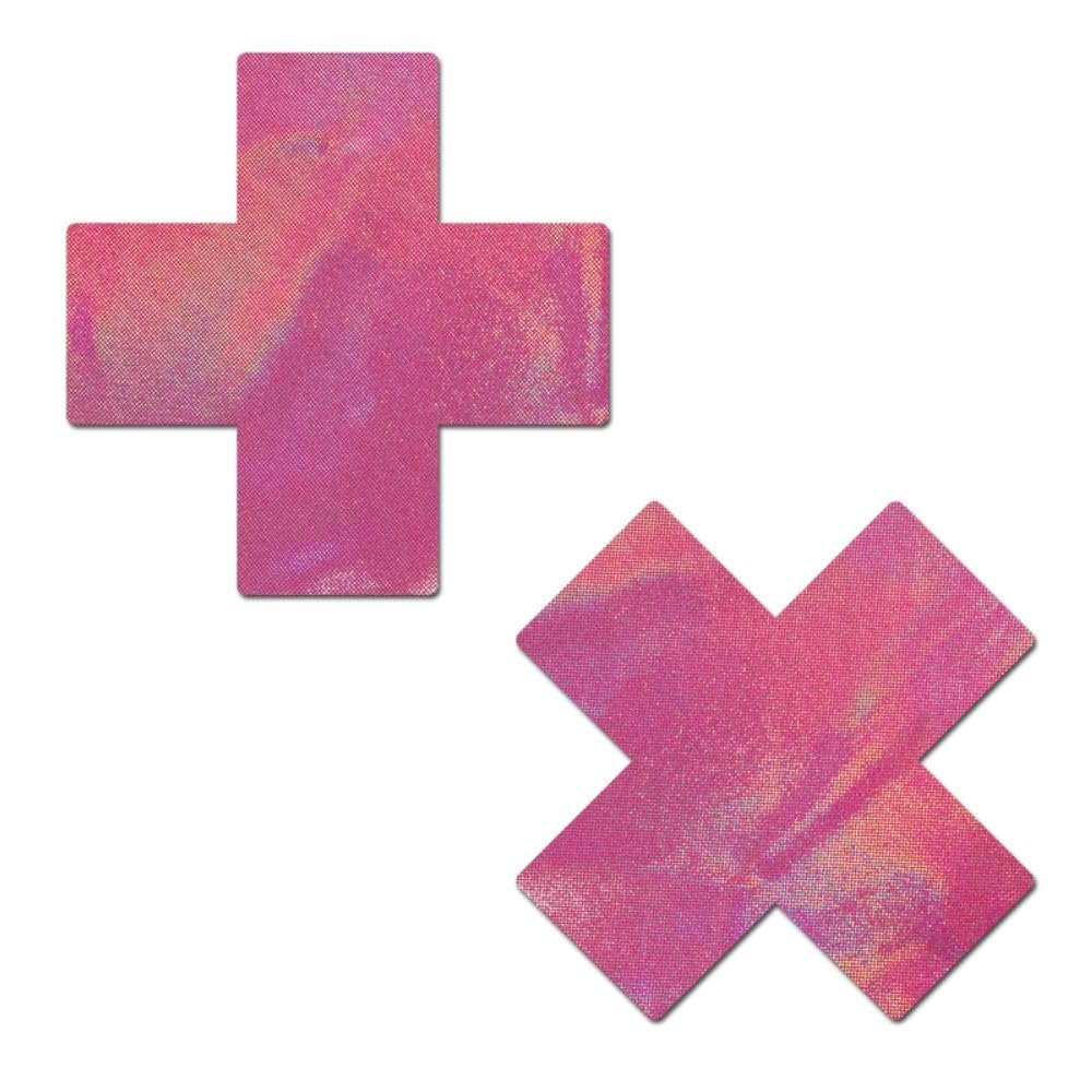 PASTEASE X Pasties - Holographic Bubblegum Pink X Nipple Covers for Festivals, Raves, & Lingerie | Halloween Accessory | Latex Free & Made in USA (Holographic Bubblegum Pink X)