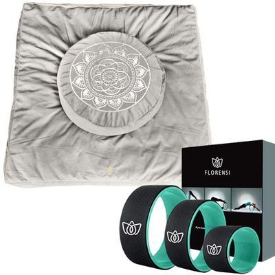 Florensi Yoga & Meditation Bundle | Grey Zabuton Meditation Mat, Grey Meditation Cushion & Yoga Wheel 3 Pack